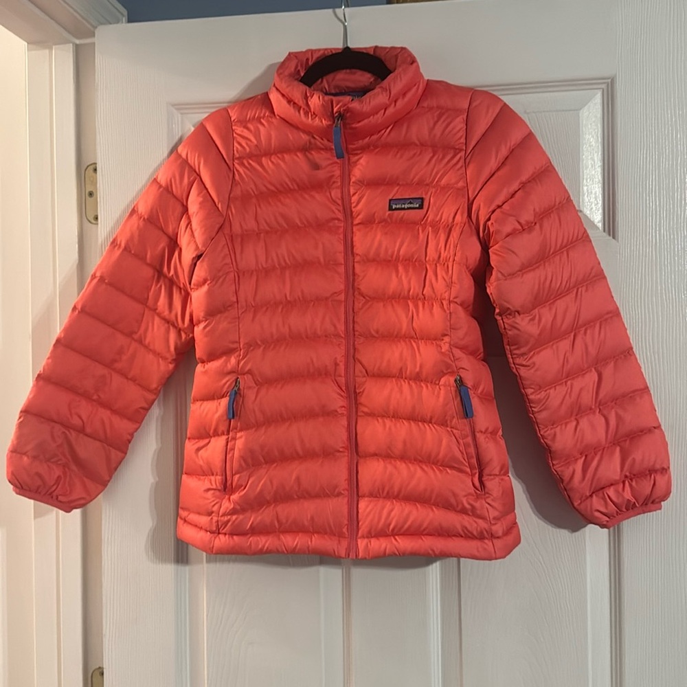 Orange Patagonia kids down sweater puffer jacket like new XL 14y fits adult XS